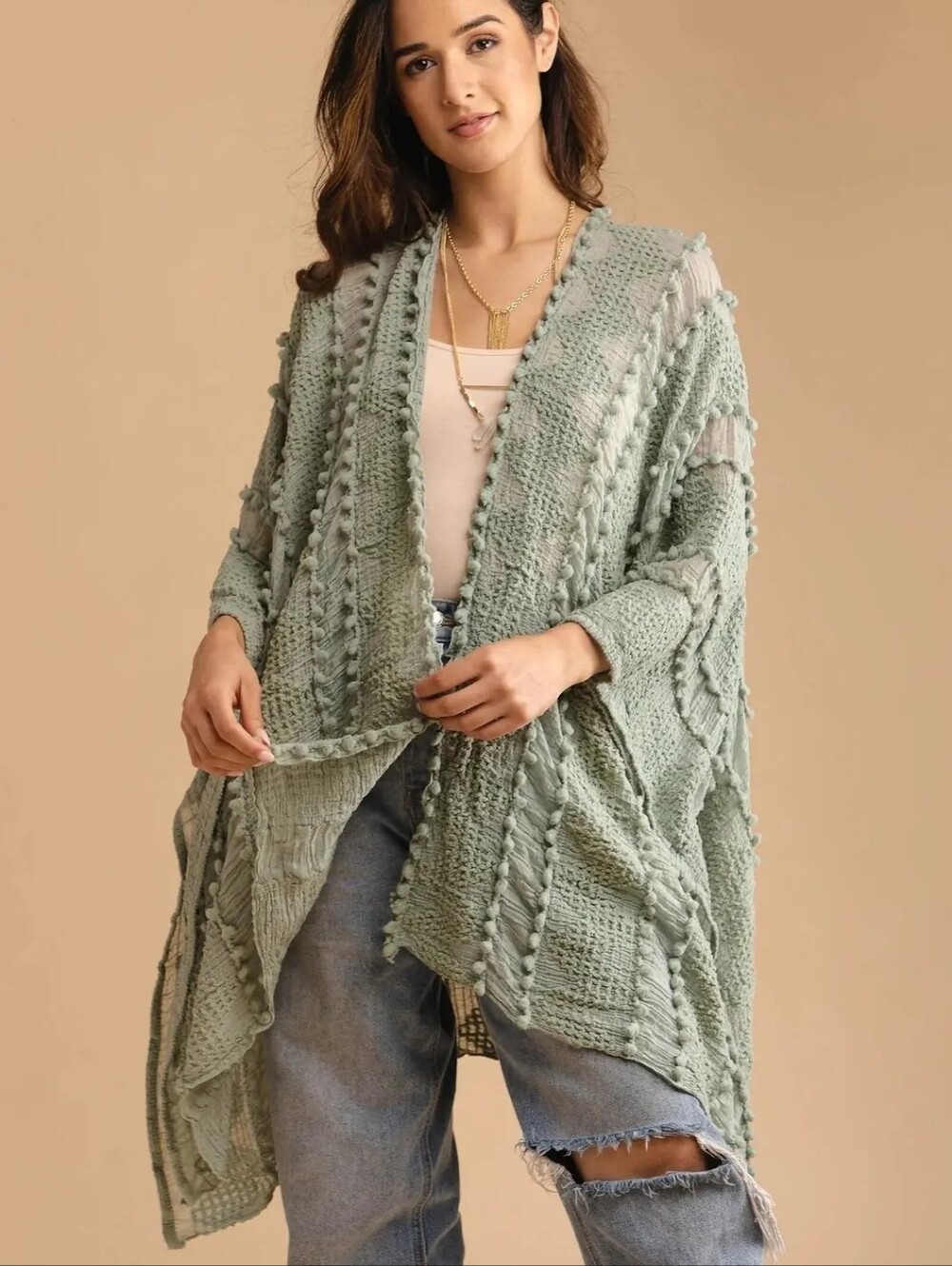 SAACHI Bohemian Textured Kimono In Gray Green With Pom Pom Details